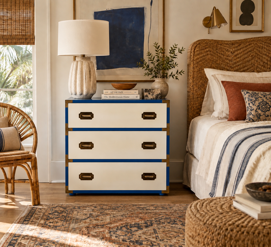 Blue & White Lacquered Campaign Chest of Drawers with Brass Hardware, 1970s