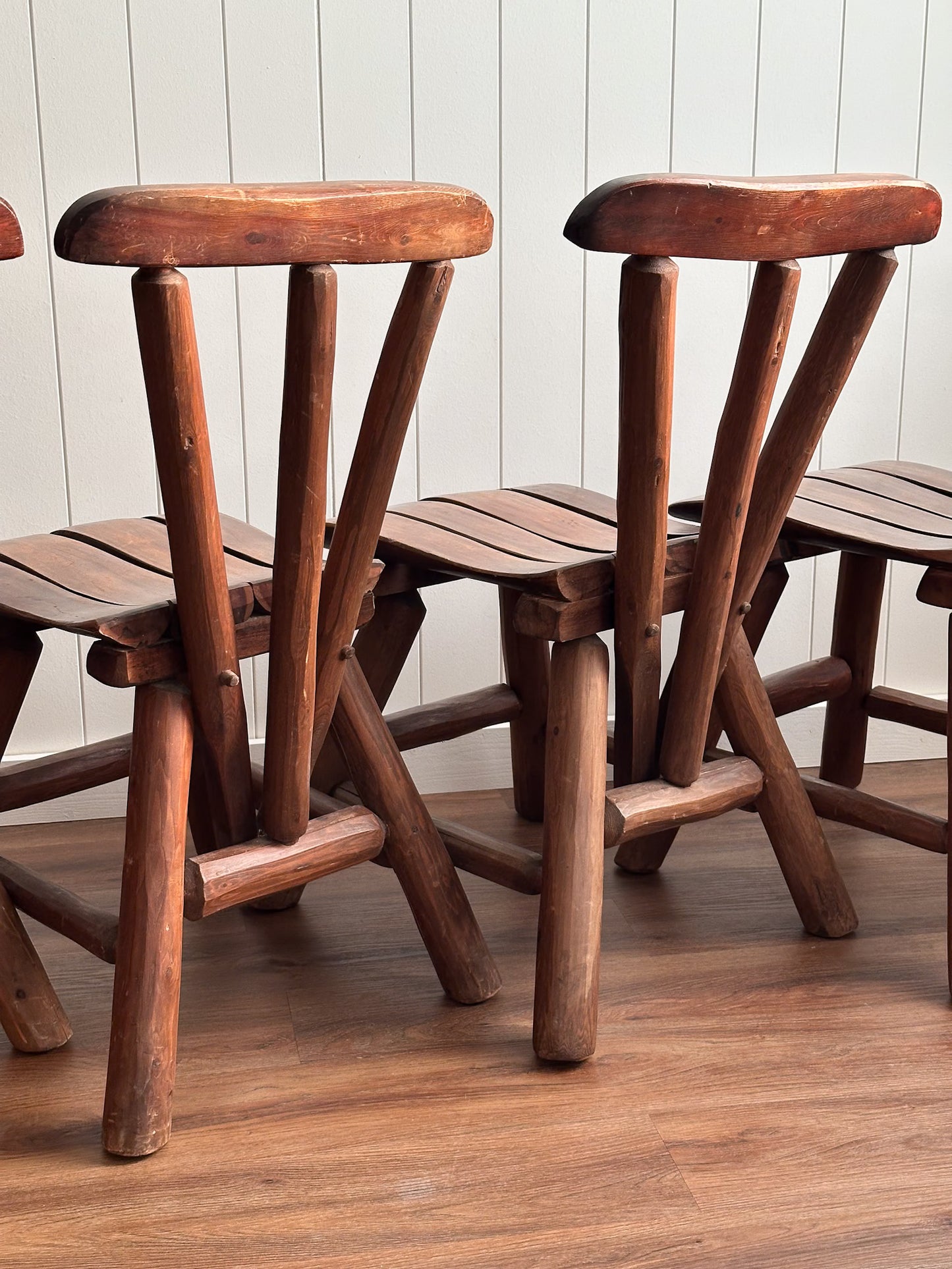Vintage Brutalist Wood Dining Chairs, Set of 4