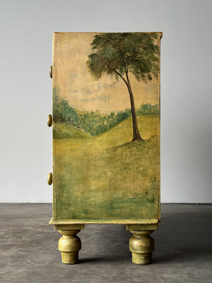 Hand-Painted Cottage Landscape Chest of Drawers, 19th Century