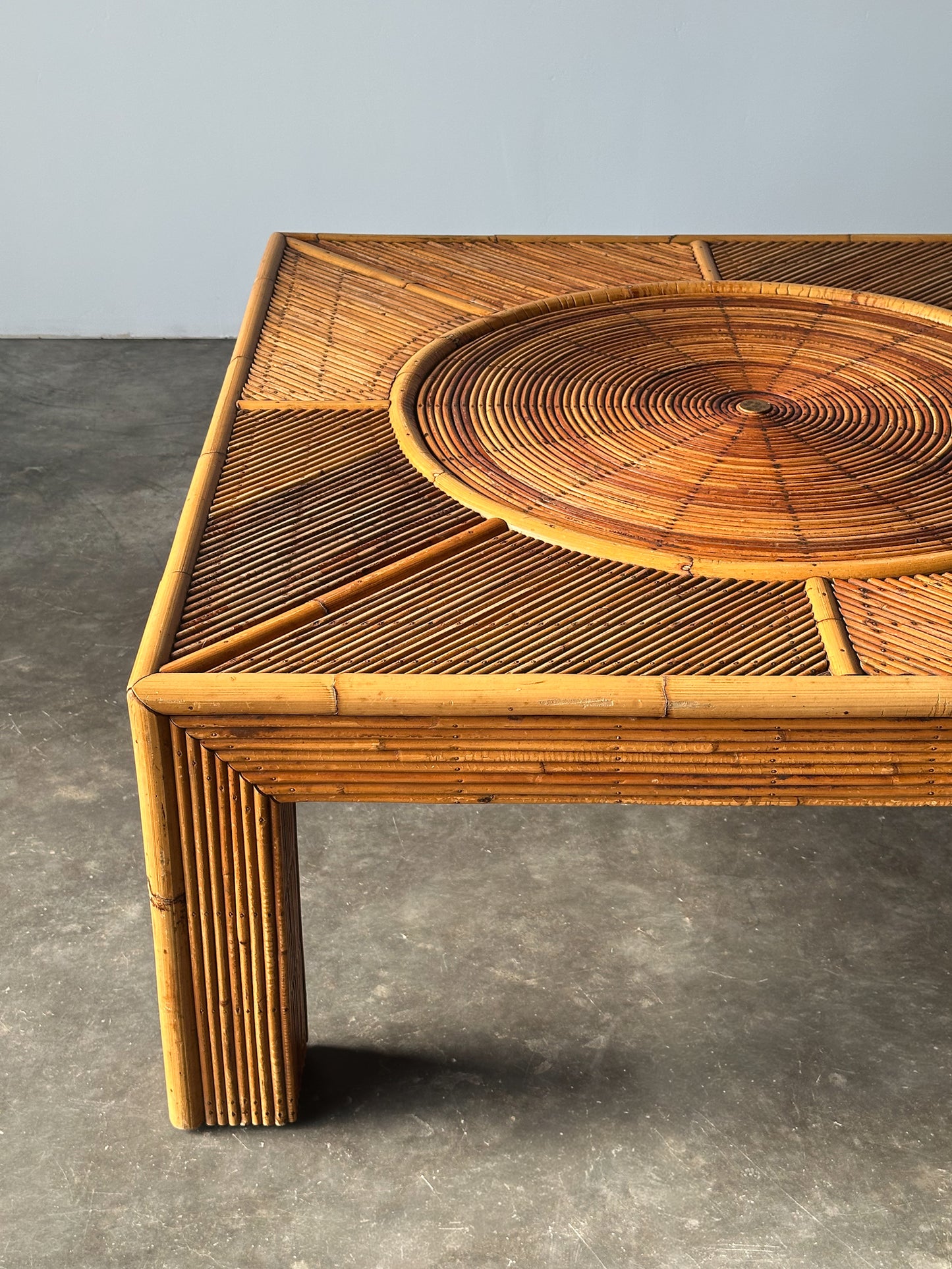 Sunburst Rattan Coffee Table, Attributed to Vivai Del Sud, Italy, 1970s
