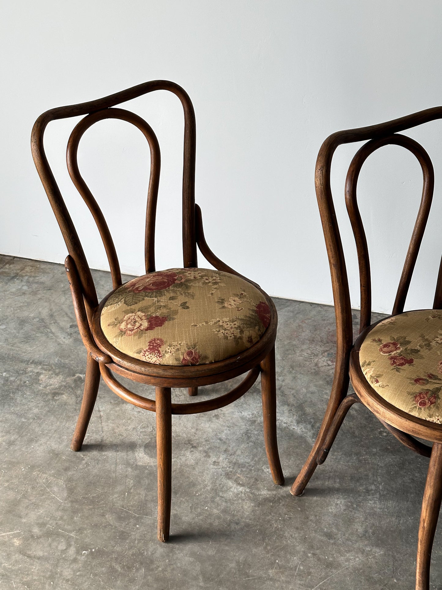 Bentwood Oak Café Chairs W/ Rose Floral Seats, 1933 World's Fair, Set of 7