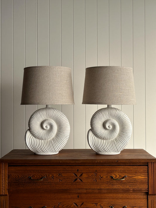 Vintage Postmodern Plaster Seashell Table Lamps, Pair