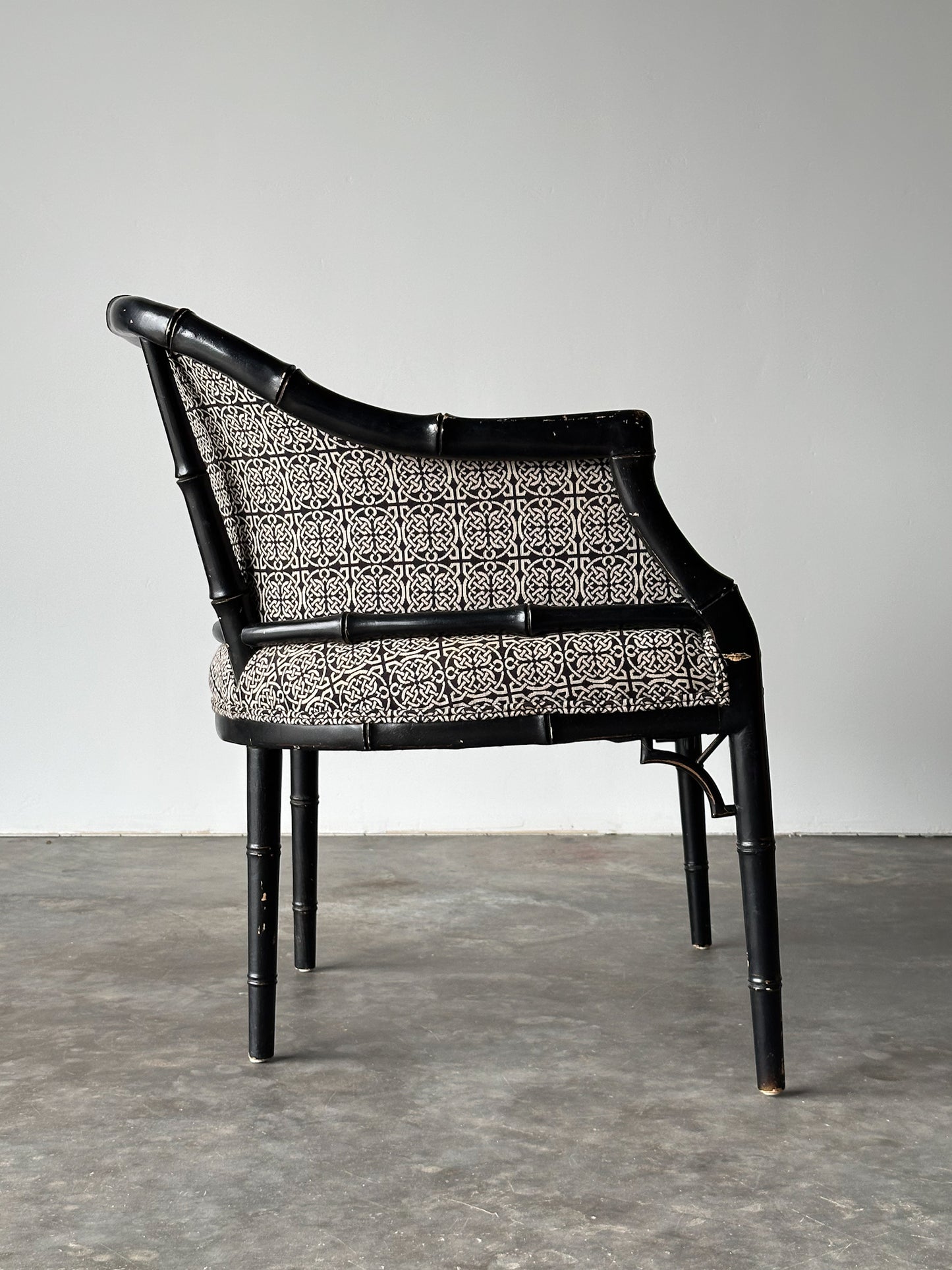 Vintage Black Lacquered Faux Bamboo Barrel-Back Armchair