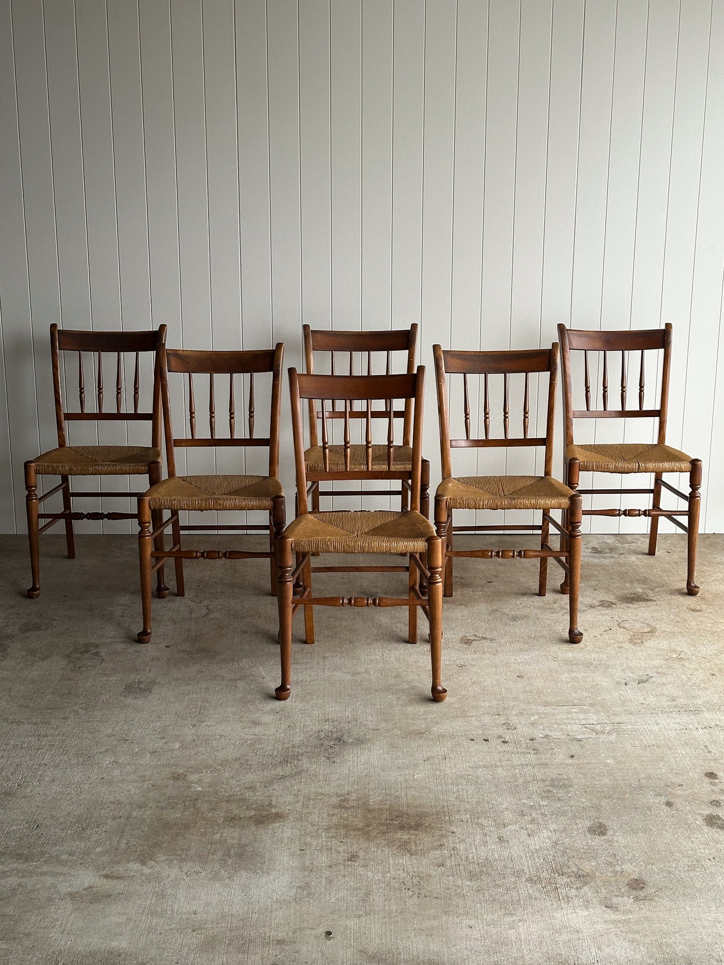 Vintage Maple Dining Chairs With Hand-Woven Rush Seats, Set of Six
