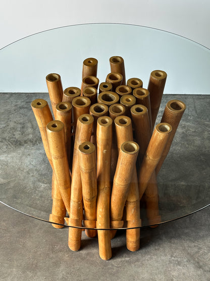 Bundled Bamboo Round Glass Dining Table, Budji Layug, 1970s