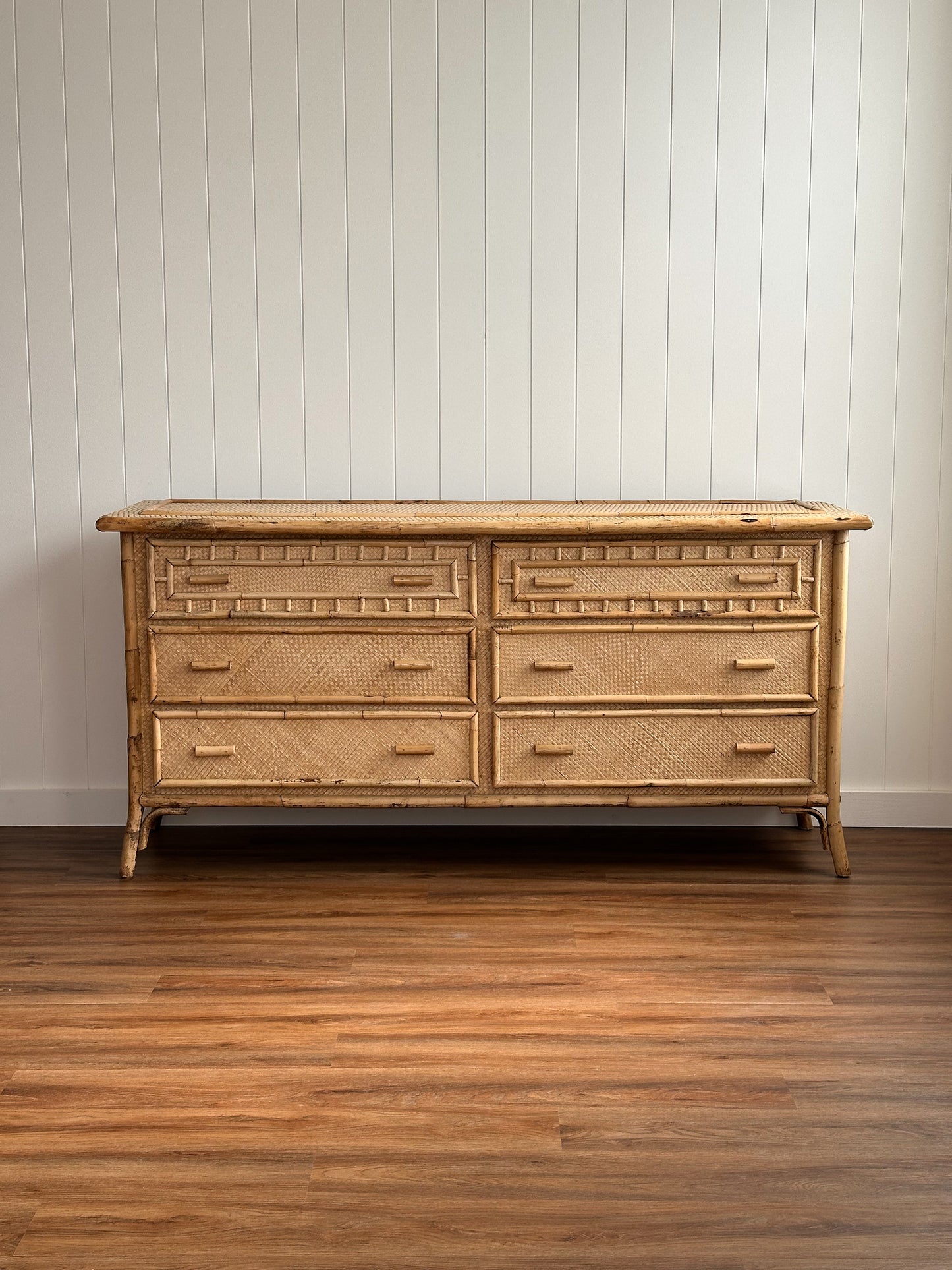 Vintage Coastal Woven Rattan Six-Drawer Dresser