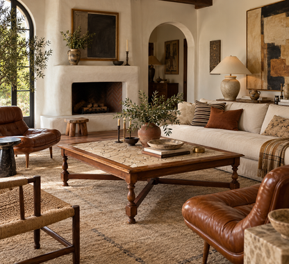 Hand-Laid Stone Mosaic Coffee Table on Vintage Oak Trestle Base