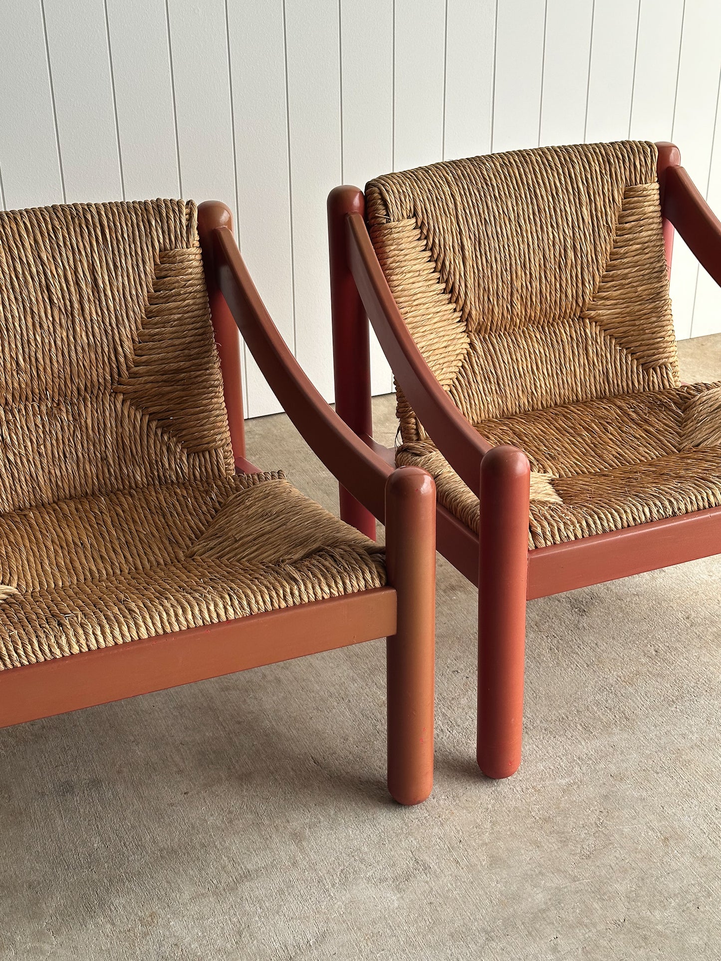 Pair of Vintage Red Lacquered Rush Lounge Chairs, Attributed to Vico Magistretti