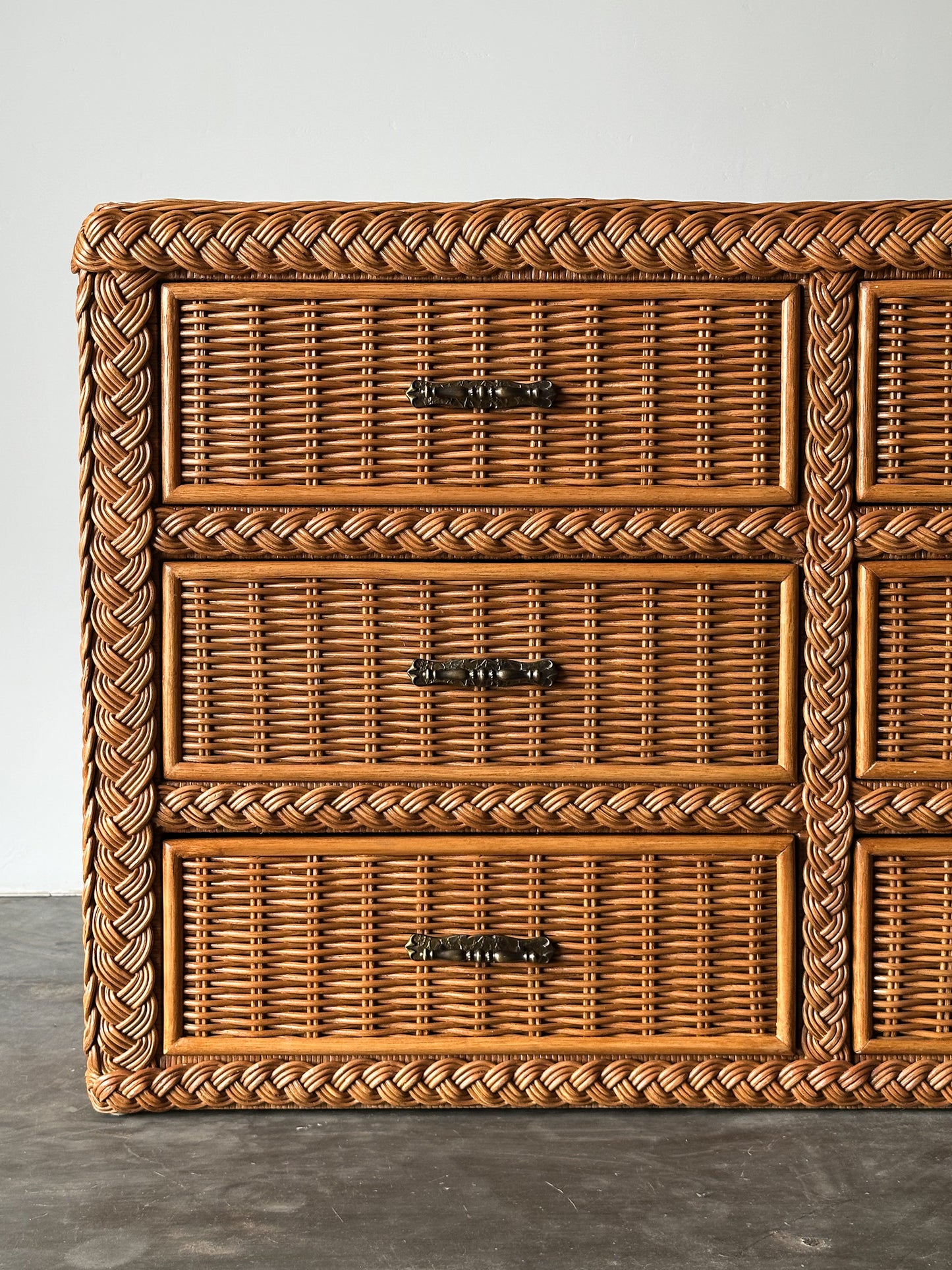 Vintage Woven Wicker Six-Drawer Dresser