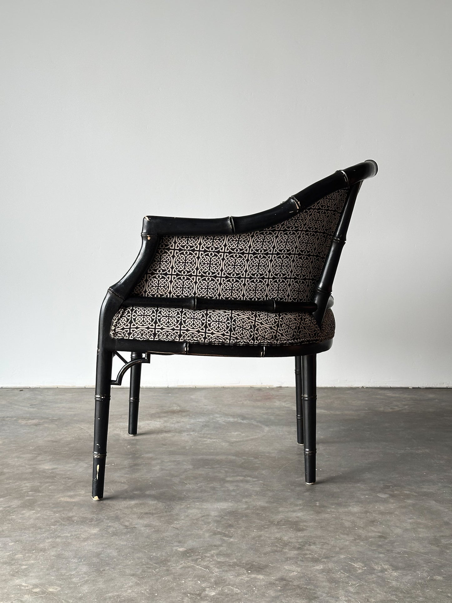 Vintage Black Lacquered Faux Bamboo Barrel-Back Armchair
