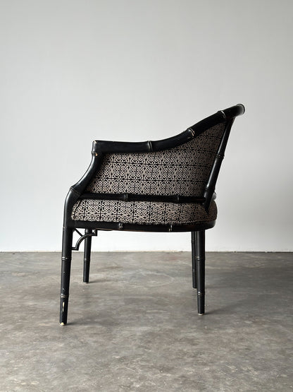 Black Lacquered Faux Bamboo Barrel-Back Armchair, 1980s