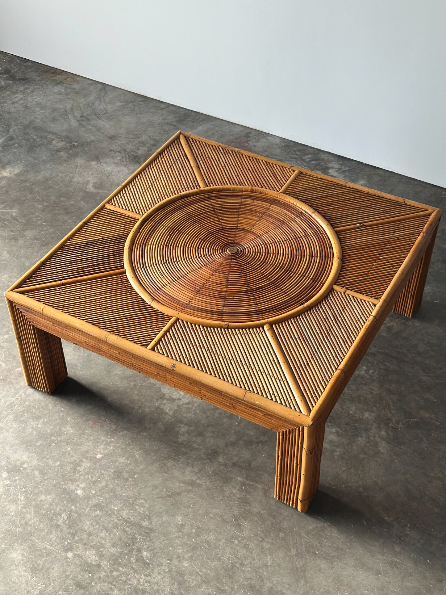 Sunburst Rattan Coffee Table, Attributed to Vivai Del Sud, Italy, 1970s
