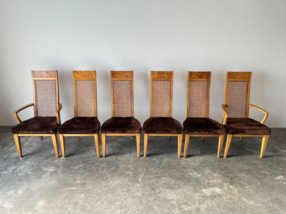 Set of 6 Milo Baughman Style Cane Back Burl Dining Chairs by Lane, 1970s