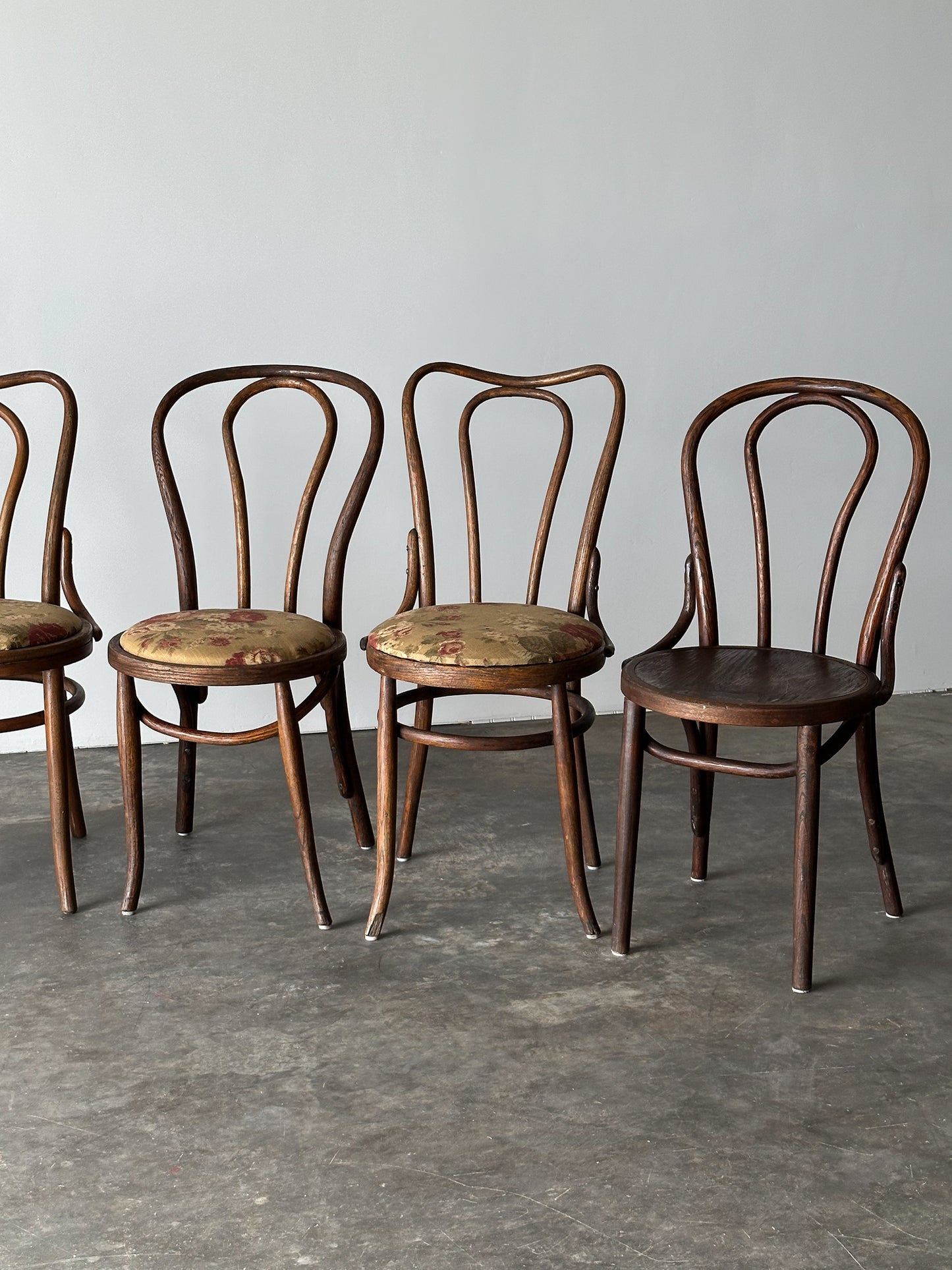 Bentwood Oak Café Chairs W/ Rose Floral Seats, 1933 World's Fair, Set of 7