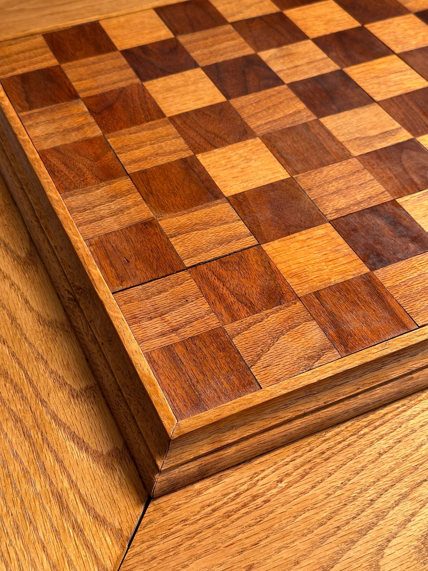 Vintage Handcrafted Oak Pedestal Game Table with Inlaid Chessboard