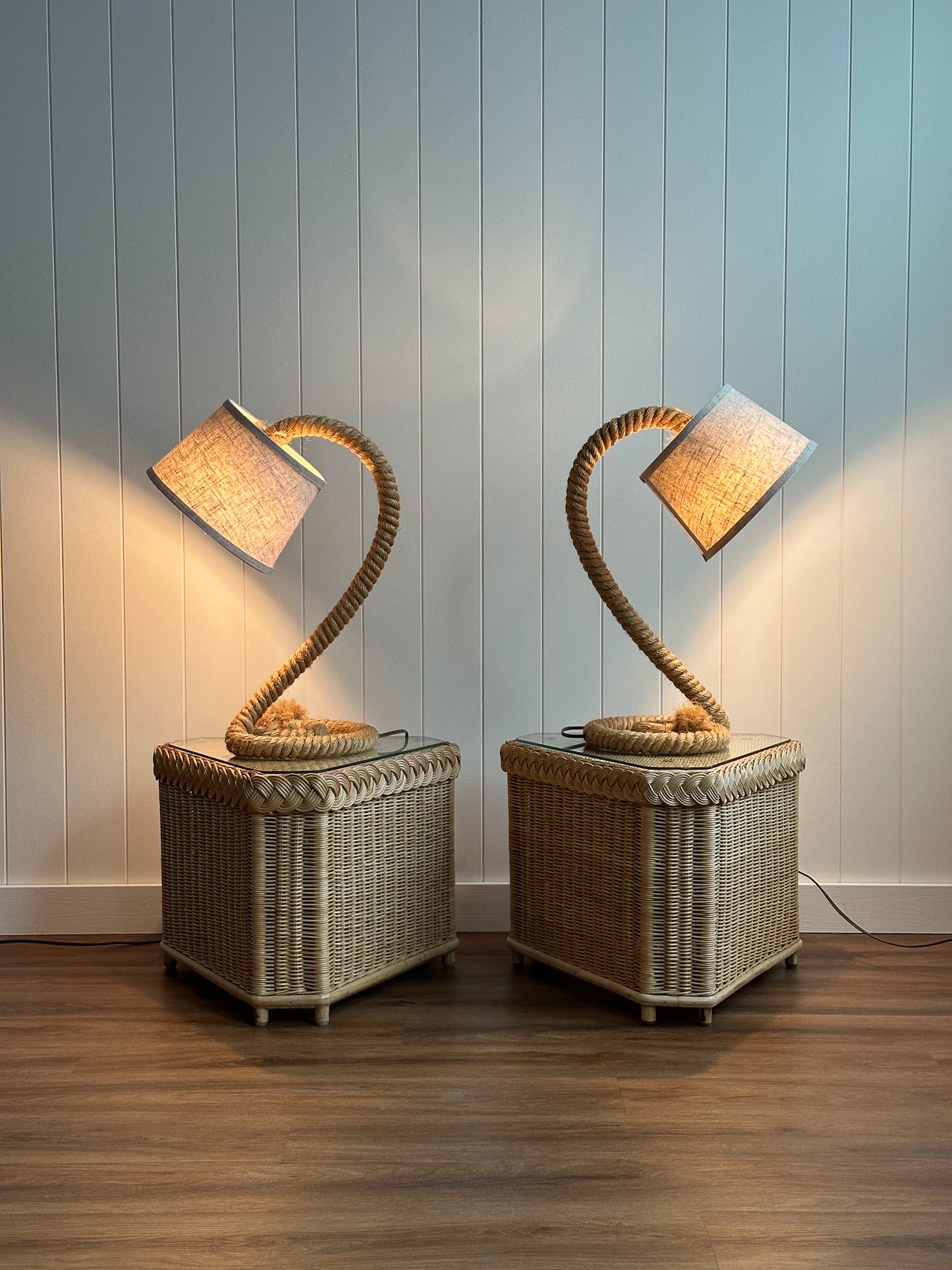 Vintage French Mid-Century Rope Table Lamps, Pair