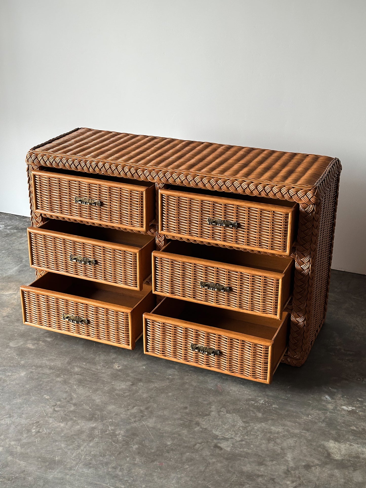 Vintage Woven Wicker Six-Drawer Dresser