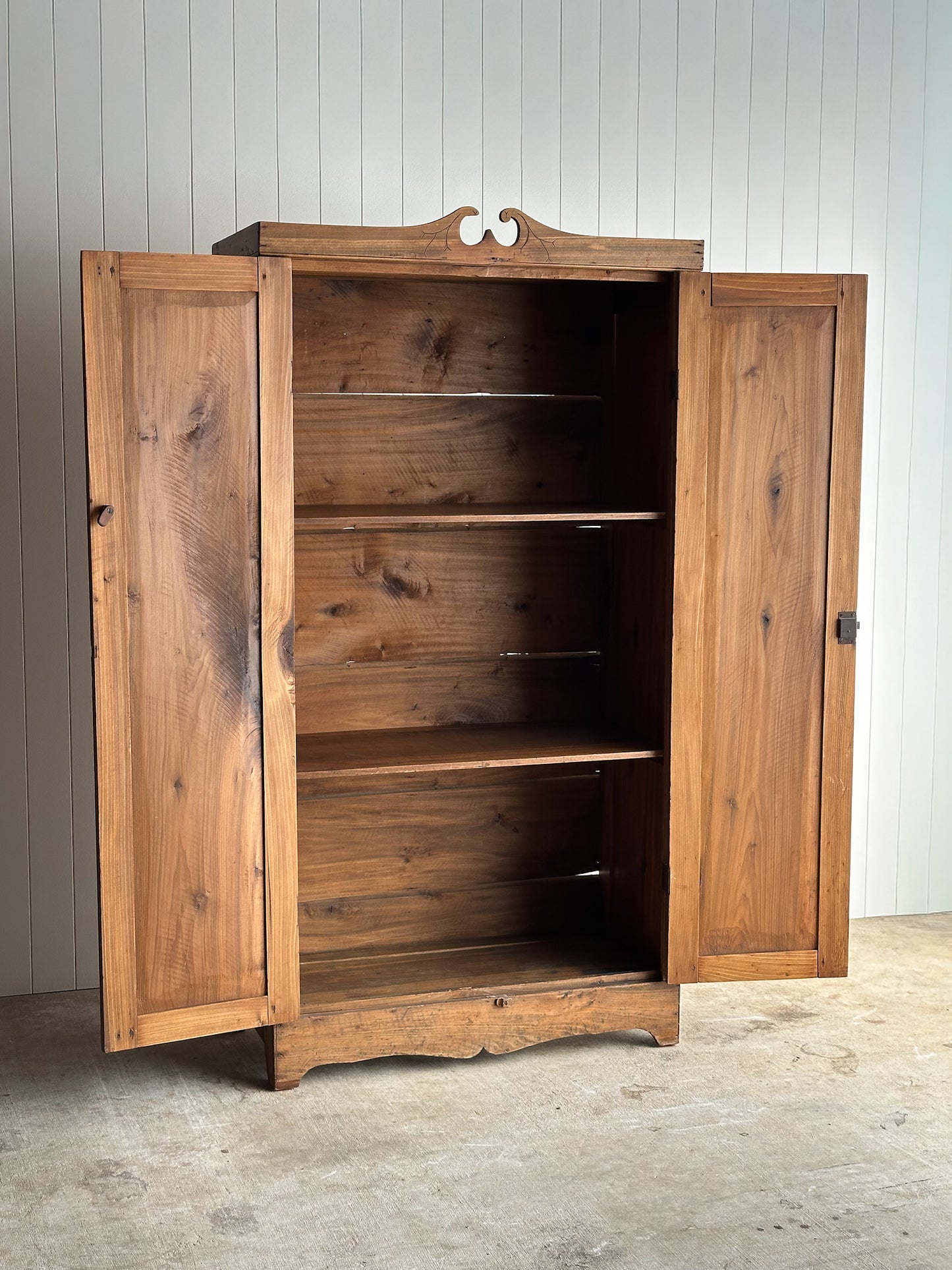 Antique Pine Cupboard Cabinet With Carved Crest