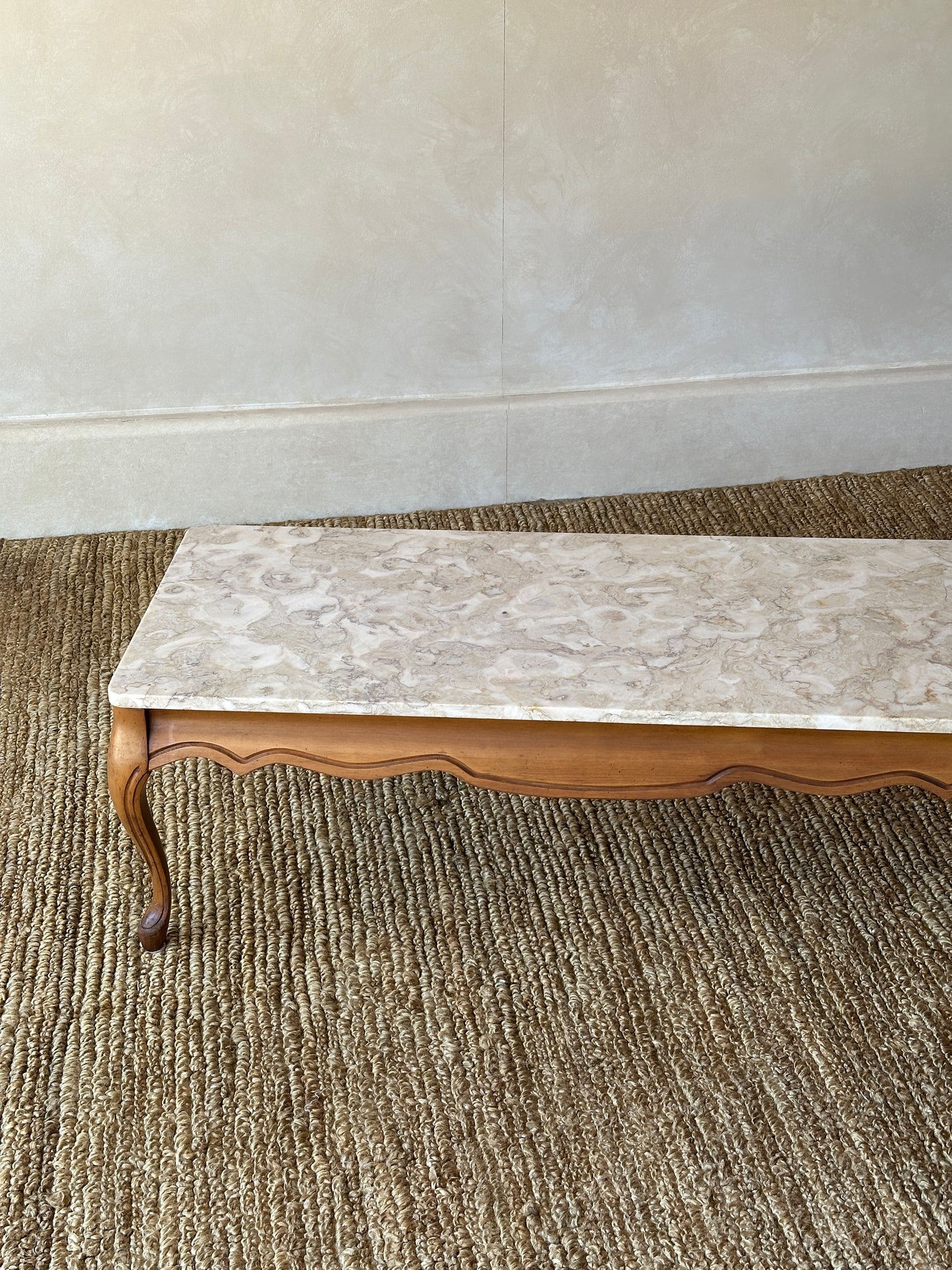 1950s French Provincial Marble and Carved Maple Coffee Table