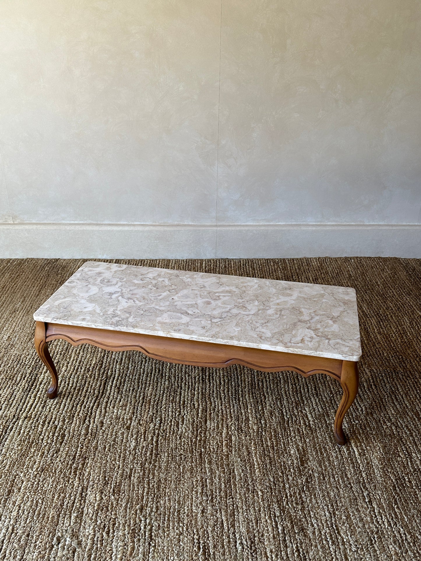 1950s French Provincial Marble and Carved Maple Coffee Table