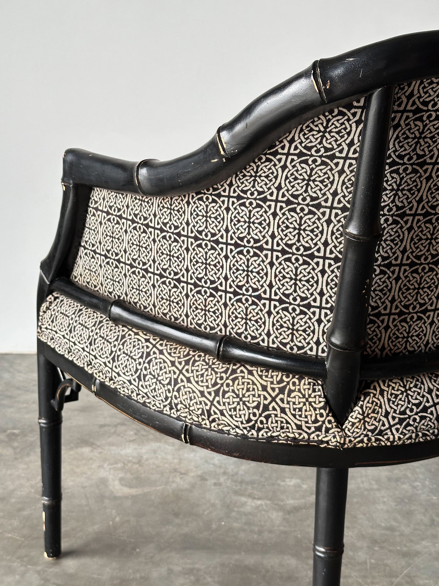 Vintage Black Lacquered Faux Bamboo Barrel-Back Armchair