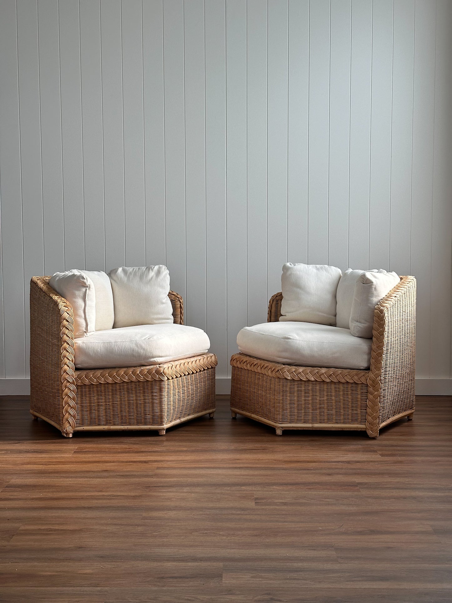 Vintage Brown Jordan Braided Wicker Lounge Chairs, Pair