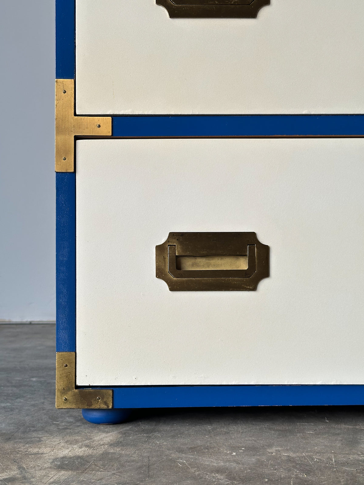 Blue & White Lacquered Campaign Chest of Drawers with Brass Hardware, 1970s