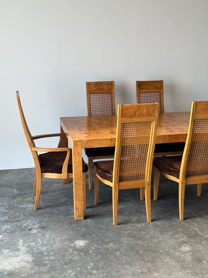 Set of 6 Milo Baughman Style Cane Back Burl Dining Chairs by Lane, 1970s