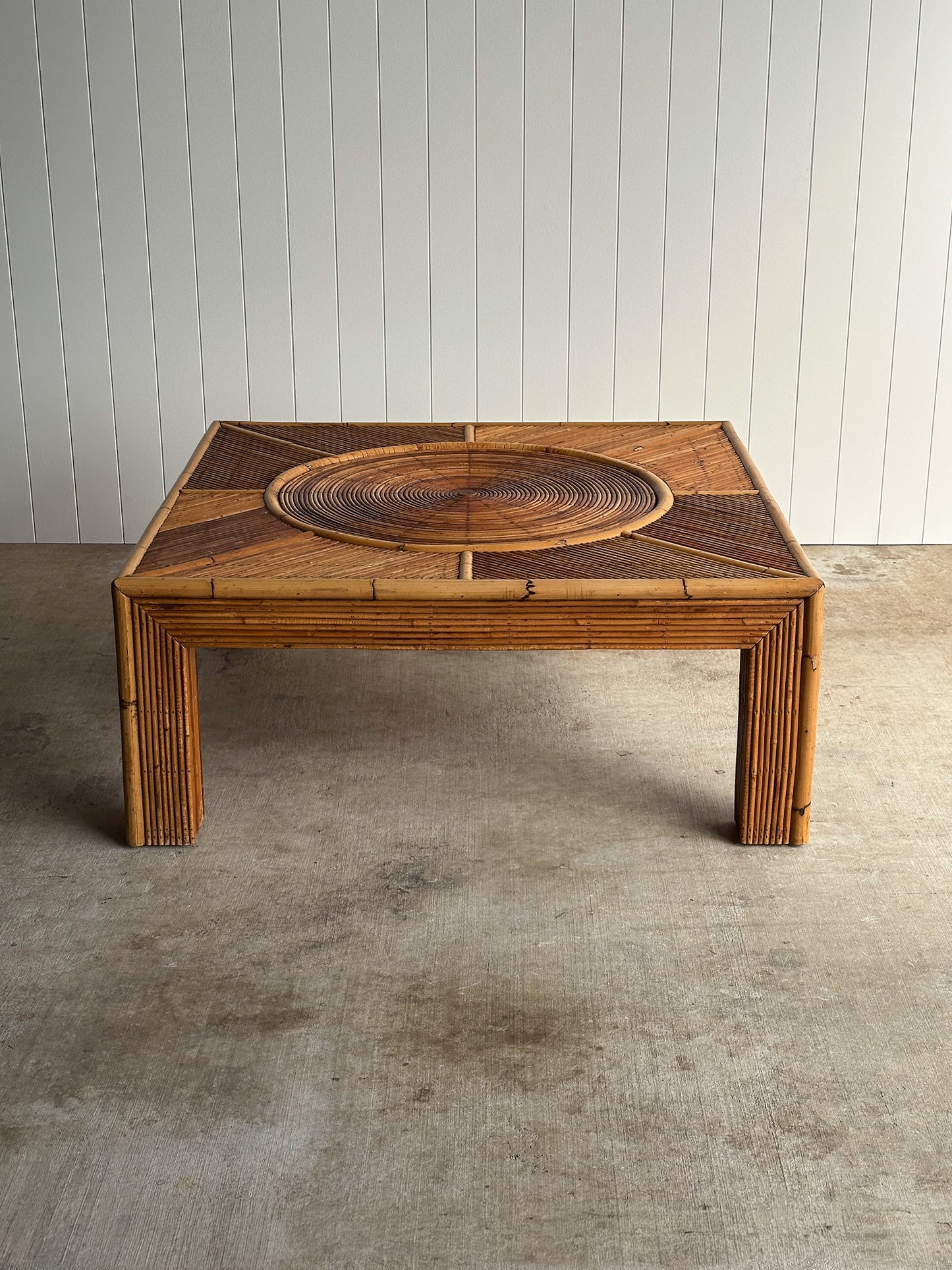 Vintage Italian Sunburst Rattan Coffee Table Attributed to Vivai del Sud, 1970s