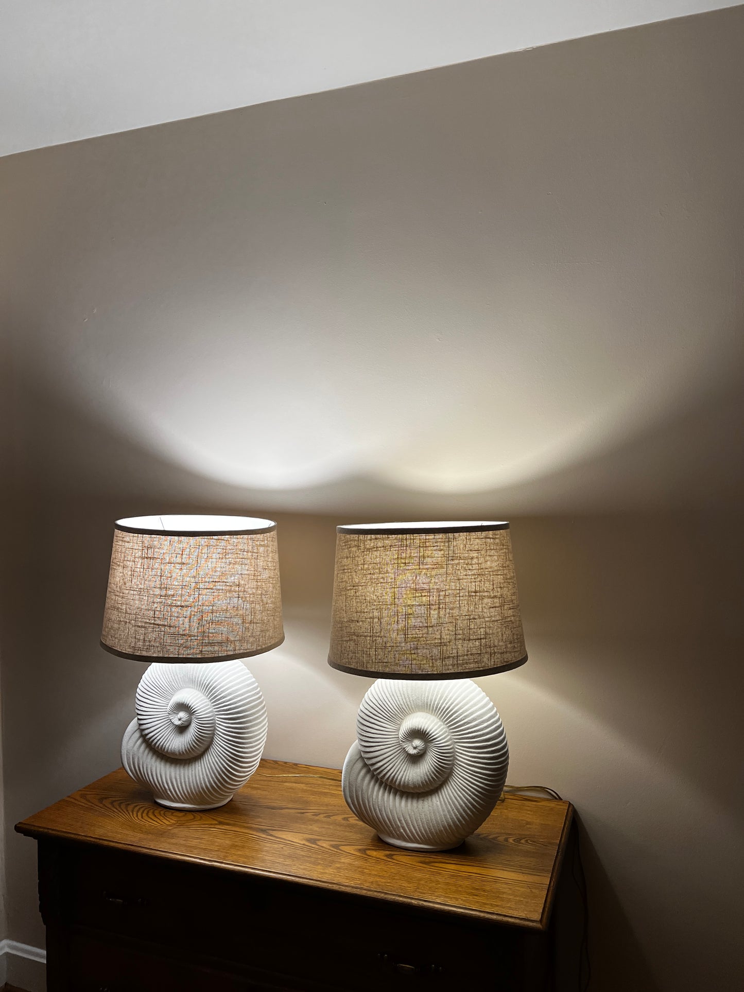 Vintage Spiral Shell Table Lamps With Linen Drum Shades - A Pair