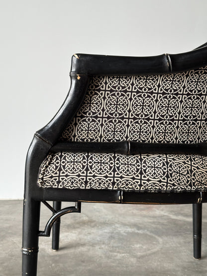 Black Lacquered Faux Bamboo Barrel-Back Armchair, 1980s