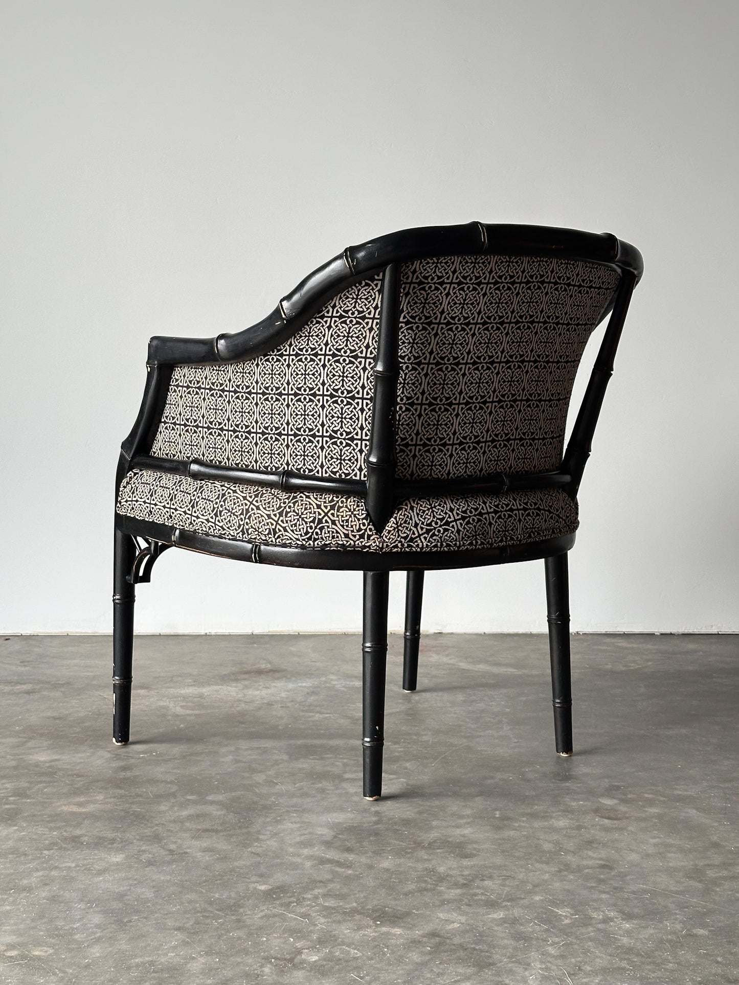 Vintage Black Lacquered Faux Bamboo Barrel-Back Armchair
