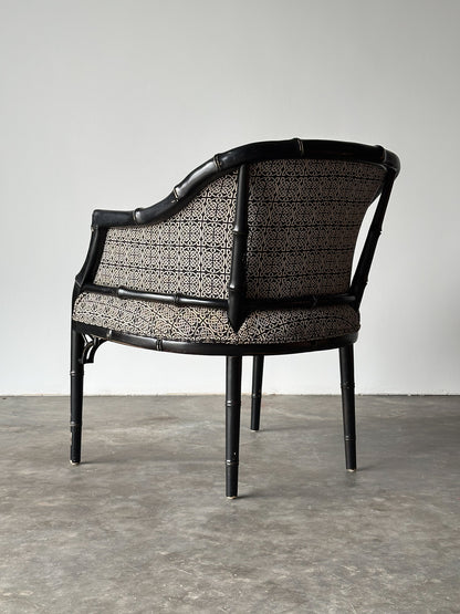 Black Lacquered Faux Bamboo Barrel-Back Armchair, 1980s