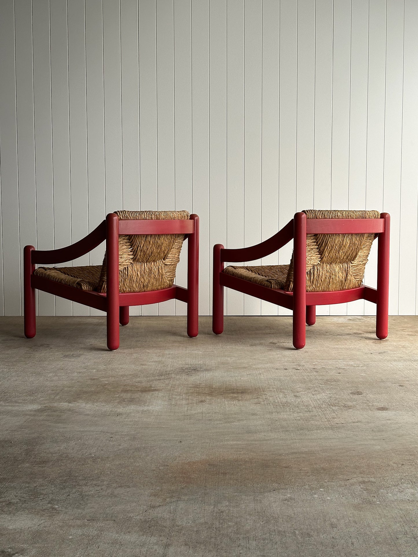 Pair of Vintage Red Lacquered Rush Lounge Chairs, Attributed to Vico Magistretti