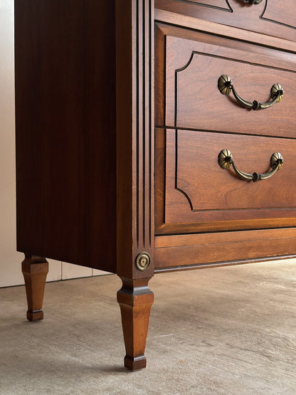 Vintage Ward Walnut Nine-Drawer Triple Dresser with Fluted Details