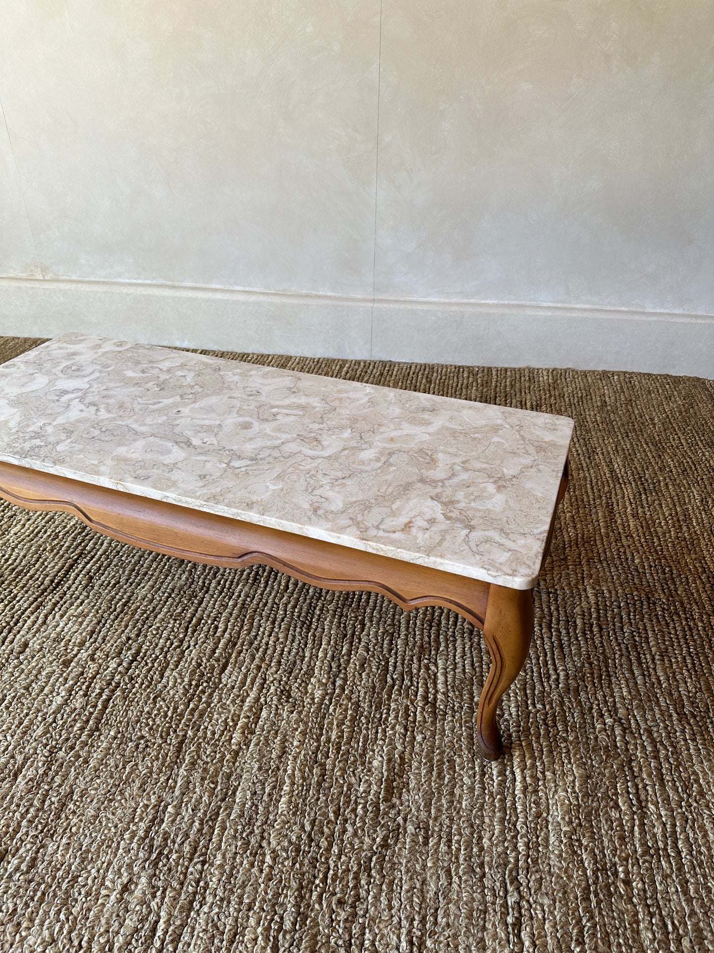 1950s French Provincial Marble and Carved Maple Coffee Table