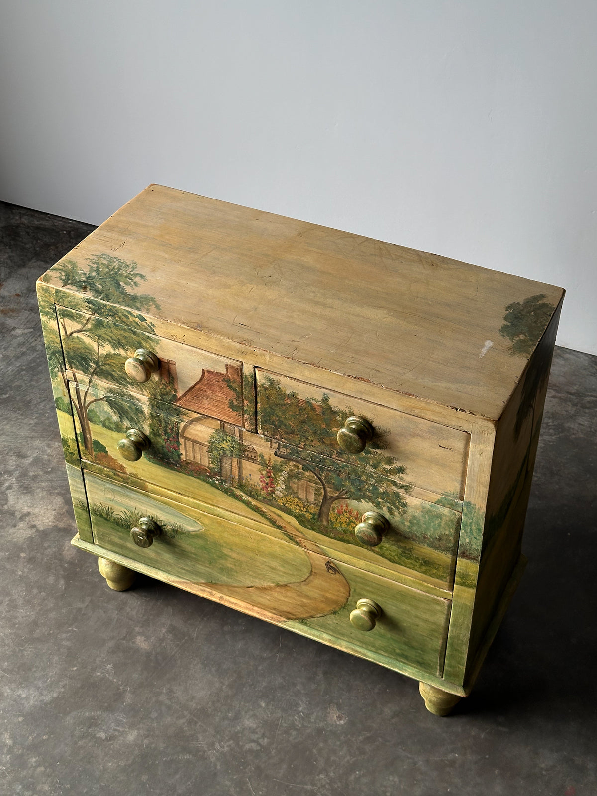 Hand-Painted Cottage Landscape Chest of Drawers, 19th Century