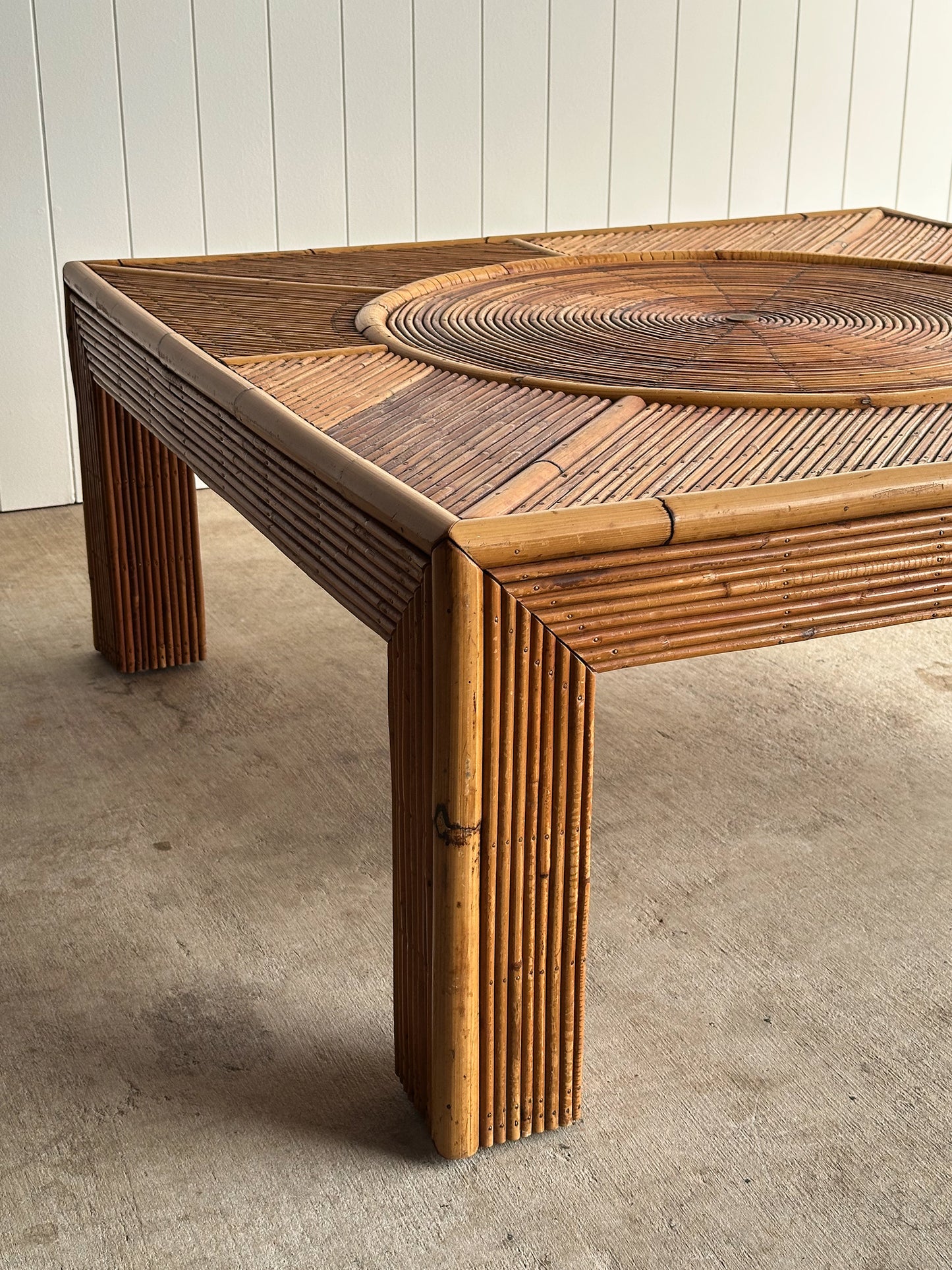 Vintage Italian Sunburst Rattan Coffee Table Attributed to Vivai del Sud, 1970s
