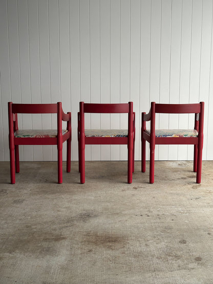Set of Six Vintage Red Lacquered Dining Armchairs, Attributed to Vico Magistretti