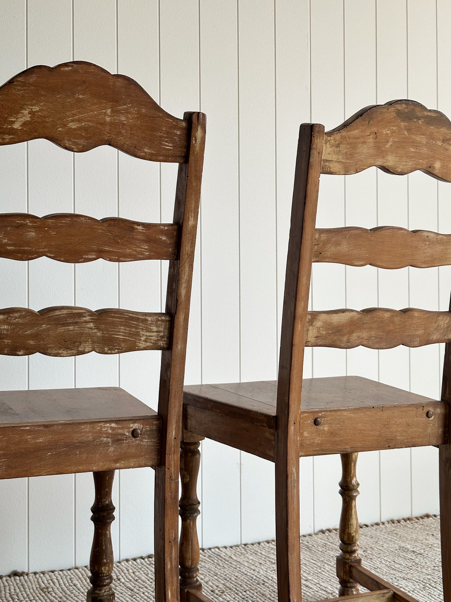 Antique Ladderback Scalloped Accent Dining Chairs, Pair