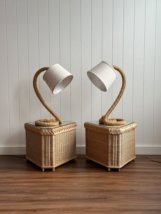 Coastal Vintage Jute Rope Table Lamps, Pair