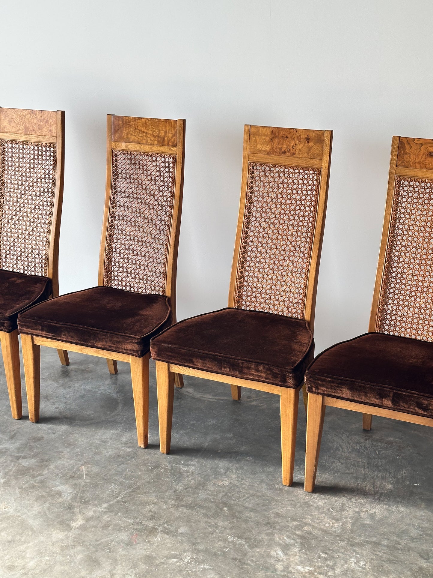 Set of 6 Milo Baughman Style Cane Back Burl Dining Chairs by Lane, 1970s
