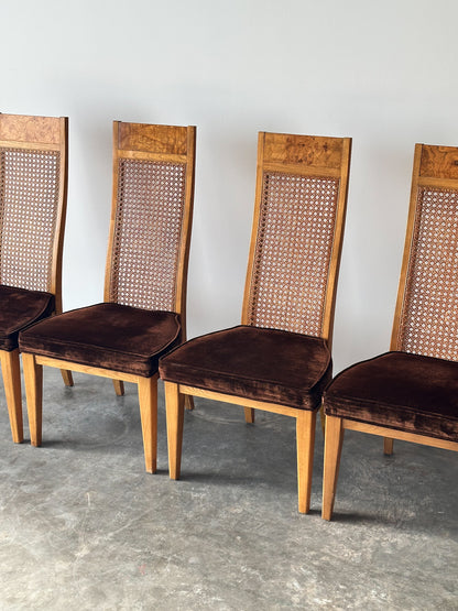 Set of 6 Milo Baughman Style Cane Back Burl Dining Chairs by Lane, 1970s