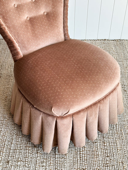 Vintage Blush Velvet Vanity Slipper Chair with Pleated Skirt