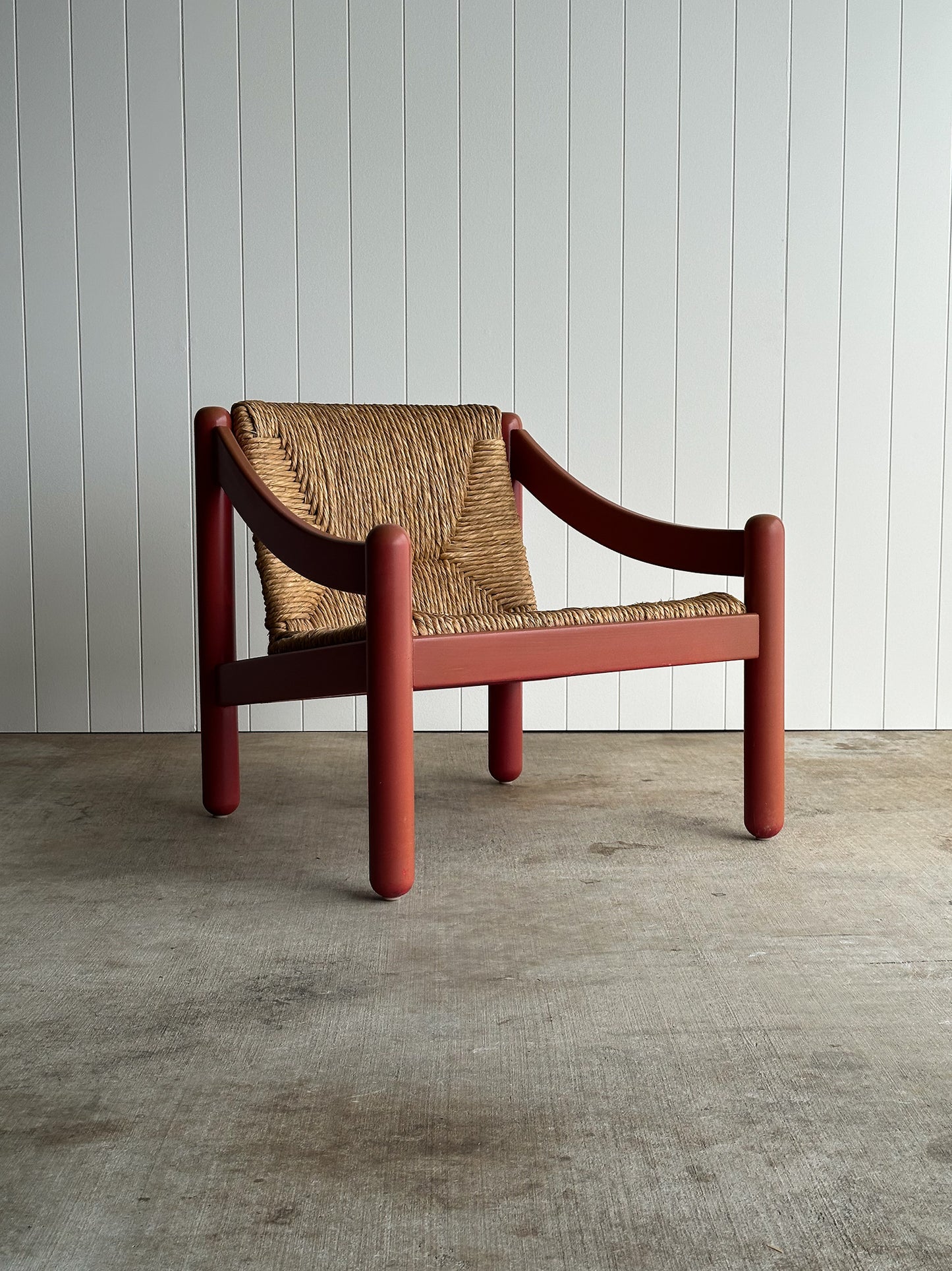 Pair of Vintage Red Lacquered Rush Lounge Chairs, Attributed to Vico Magistretti