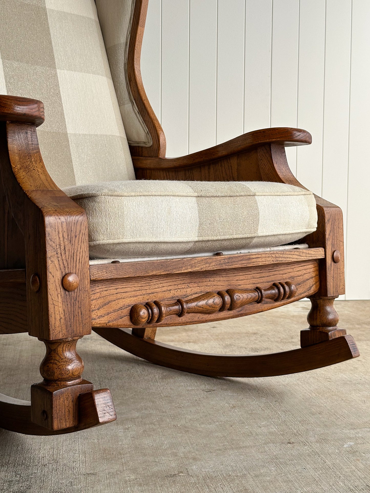 Studio Craft Oak Wingback Rocking Chair With Carved Rail, C. 1970s