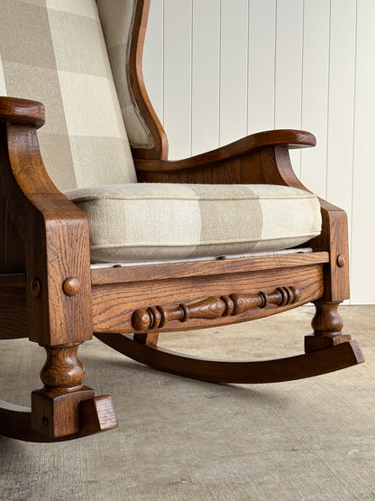 Studio Craft Oak Wingback Rocking Chair With Carved Rail, C. 1970s