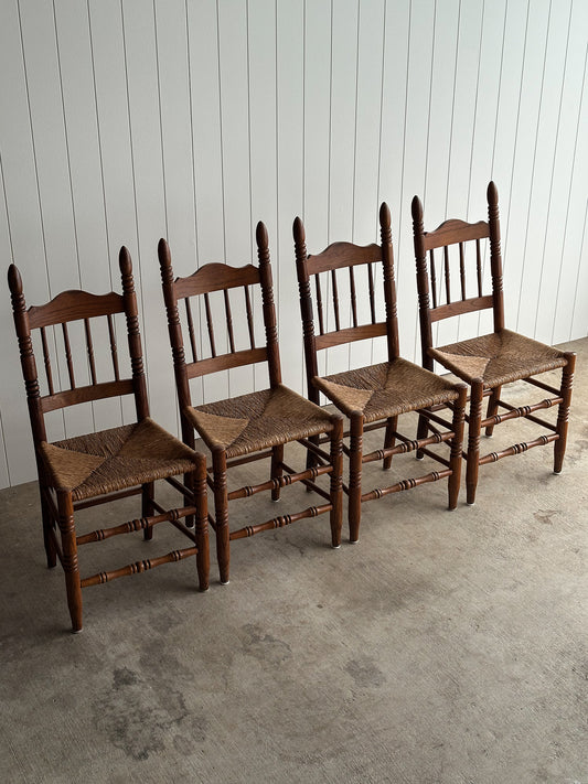 Vintage Country Oak Rush-Seat Dining Chairs, Set of 4