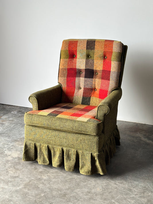 Olive Tweed Swivel Rocker with Patchwork Plaid Upholstery, 1970s