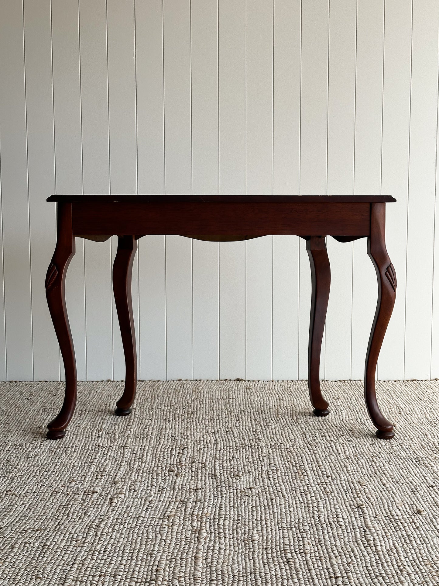 Vintage Mahogany Entry Console Table with Shaped Front and Brass Pull